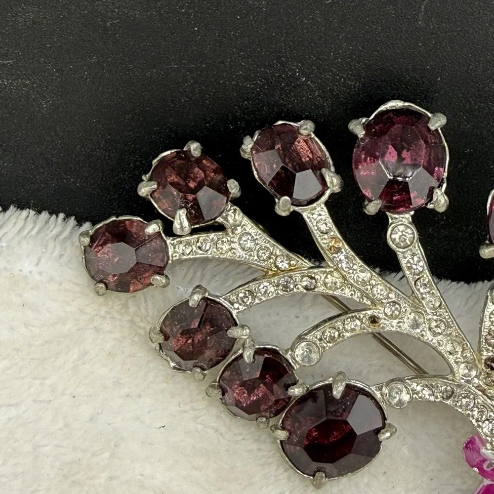 Vintage Rhinestone Brooch Purple Silver Floral Spray